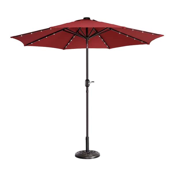 Pure Garden 9 ft. Steel Solar LED Lighted Patio Market Umbrella with Auto Tilt, Easy Crank Lift in Red