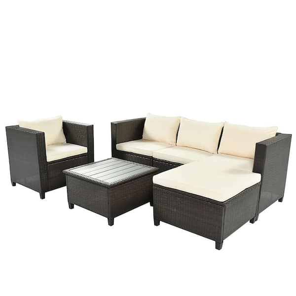 Alpulon 5-Piece Wicker Outdoor Conversation Set Sectional Sofa with Beige Cushions