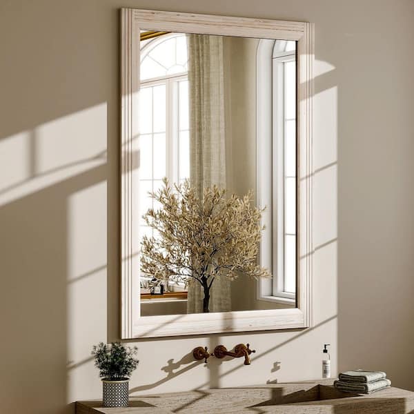 XRAMFY 30 in. W x 40 in. H Rectangular Classic Light Beige Wooden Framed Bathroom Vanity Mirror Wall Mirror