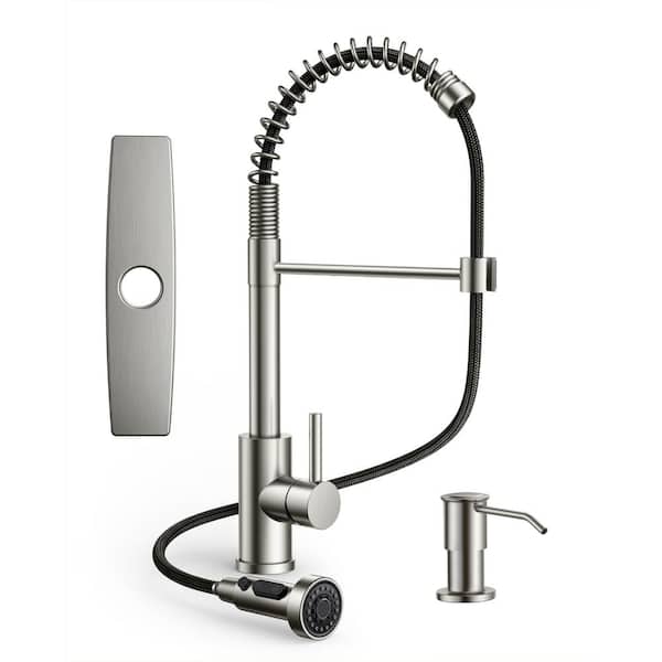 Forious pro Single Handle Pull Down Sprayer Kitchen Faucet with Soap Dispenser and Flexible Hose in Brushed Nickel