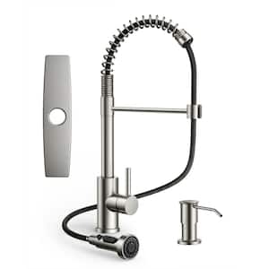 Single Handle Pull Down Sprayer Kitchen Faucet with Soap Dispenser and Flexible Hose in Brushed Nickel