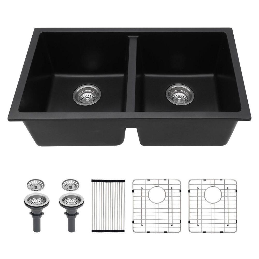 33 in. Undermount Double Bowl (50/50) 16 Gauge Gunmetal Black Quartz Kitchen Sink with Strainers price history on PriceWatchPro