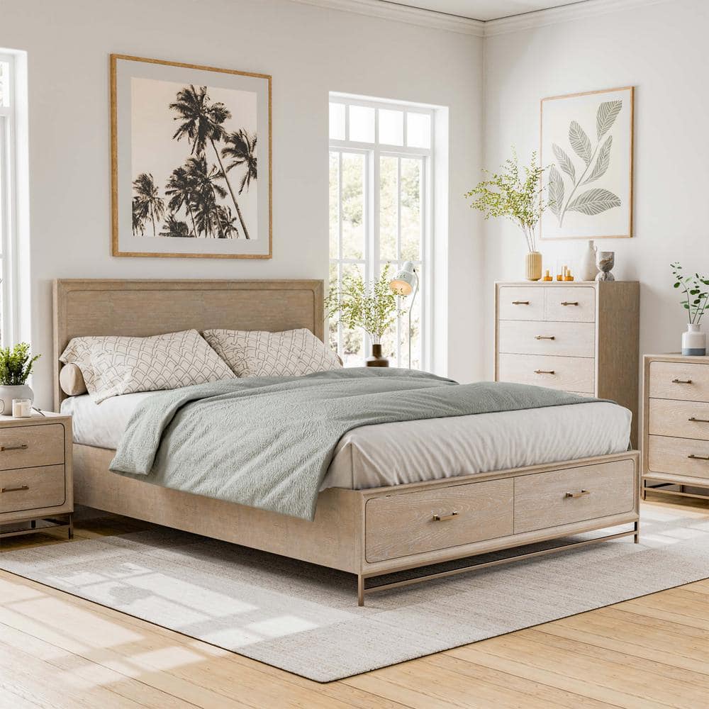 Lena Oak Wood Frame King Platform Bed With 2 Felt Lined Foot Drawers price history on PriceWatchPro