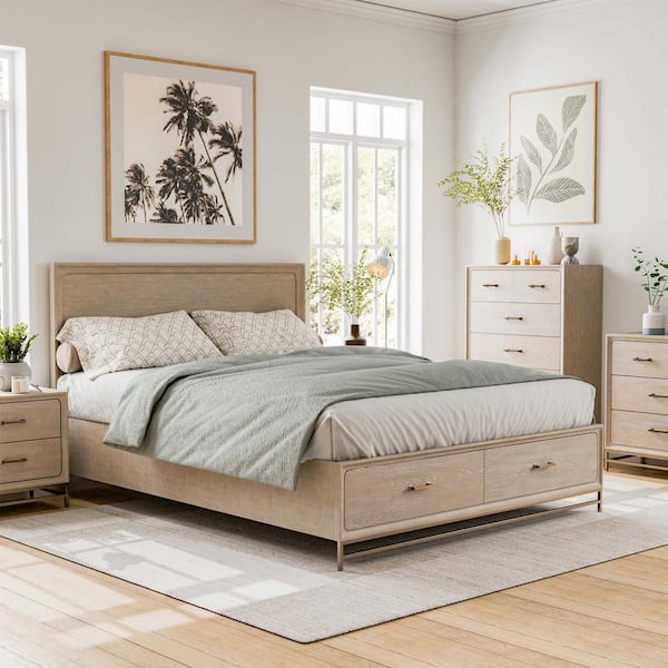 Furniture of America Lena Oak Wood Frame King Platform Bed With 2 Felt Lined Foot Drawers