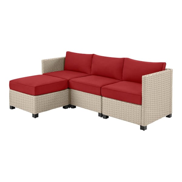 StyleWell Sandpiper Beige Stationary 4-Piece Wicker Patio Sectional Seating Set with Chili Red Cushions DE22869707172C