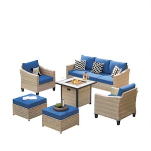 Oconee Beige 6-Piece Outdoor Patio Fire Pit Conversation Sofa Seating Set with Navy Blue Cushions