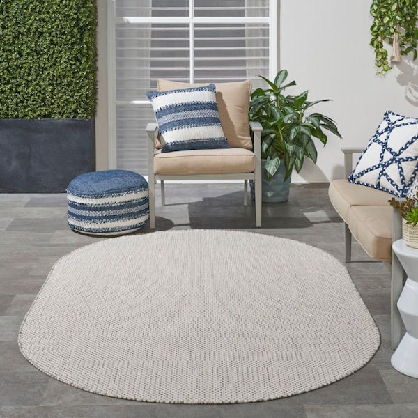 Courtyard Ivory Silver 6 ft. x 6 ft. All-Over Design Contemporary Oval Area Rug