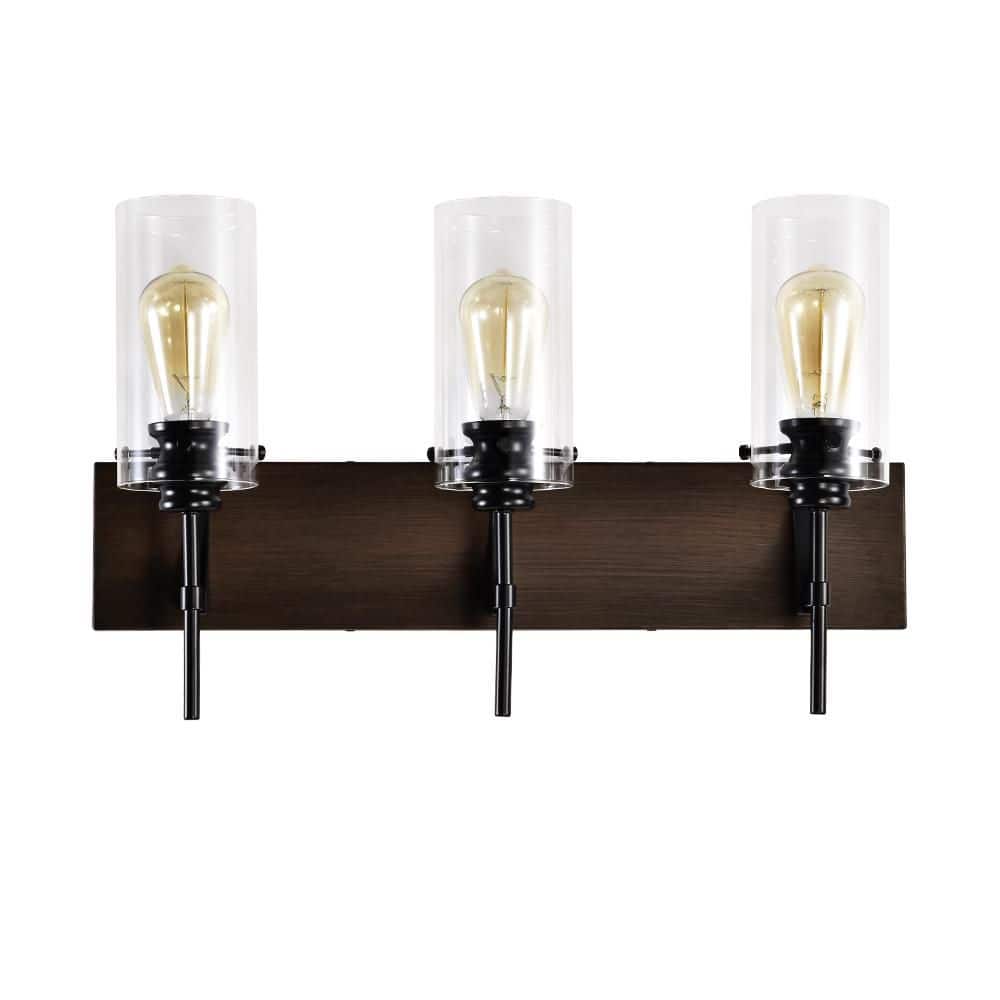 23 in. 3-Light Matte Black and Wood Mirror Wall Vanity Light with Glass Shade for Bathroom, Bulbs Not Included price history on PriceWatchPro