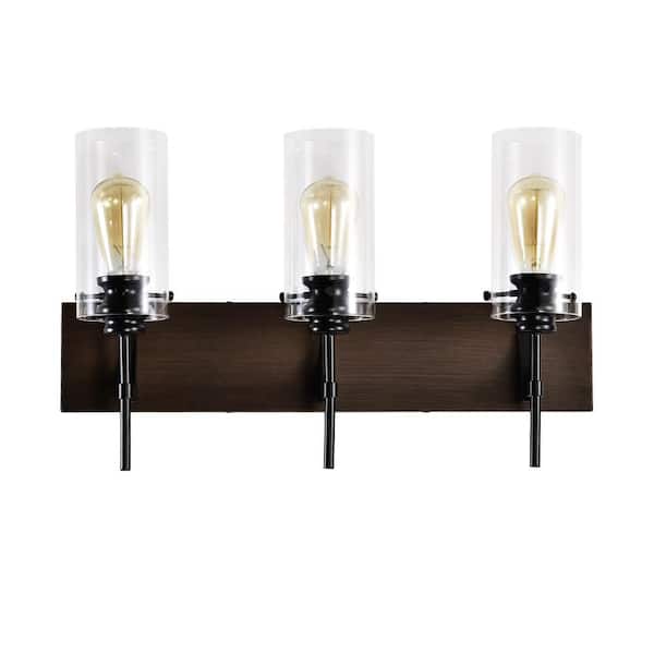 23 in. 3-Light Matte Black and Wood Mirror Wall Vanity Light with Glass Shade for Bathroom, Bulbs Not Included