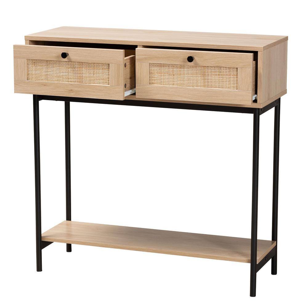 Sherwin Light Brown and Black 2-Drawer Console Table with Rattan Accent