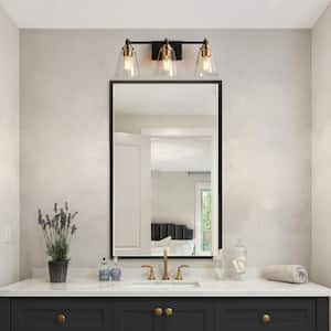 21 in. 3-Light Brass-Plated Bathroom Vanity Light, Cone Clear Glass Bath Lighting, Black Industrial Indoor Wall Sconce