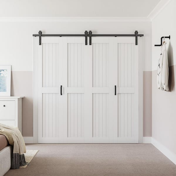 56 in. x 84 in. (Double 28 in.) Bi-Fold Paneled H shape Mid-bar White Finished MDF Sliding Barn Door with Hardware Kit