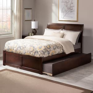 Portland Walnut Brown Solid Wood Frame Full Platform Bed with Footboard and Twin Trundle