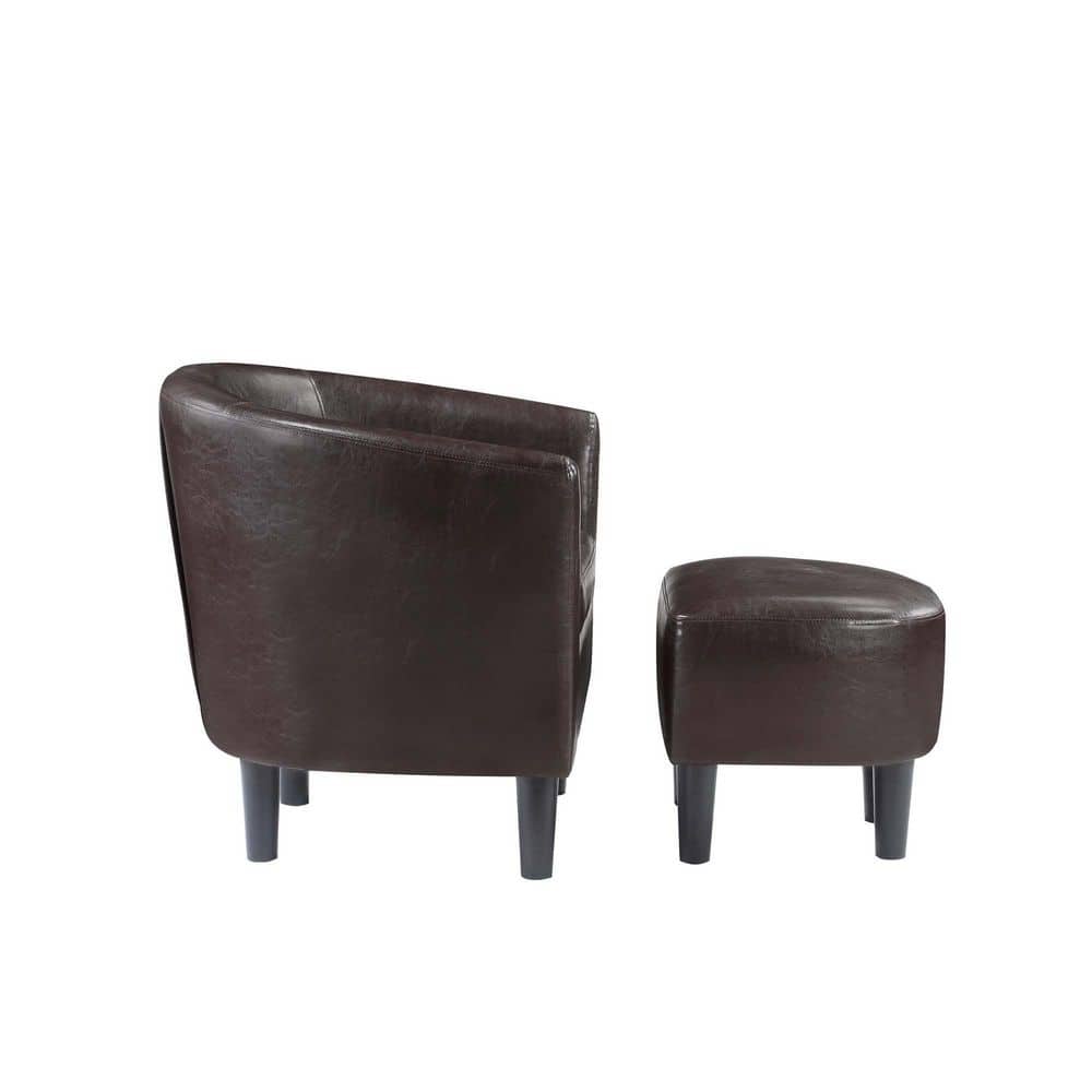 Espresso Faux Leather Barrel Accent Chair and Ottoman Set