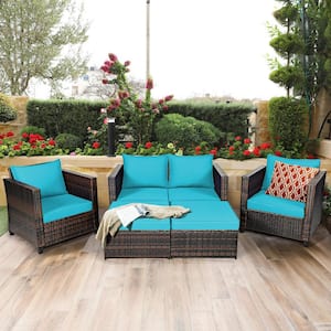 5-Piece PE Rattan Wicker Patio Conversation Set with Removable Turquoise Cushions, Easy to Assembled