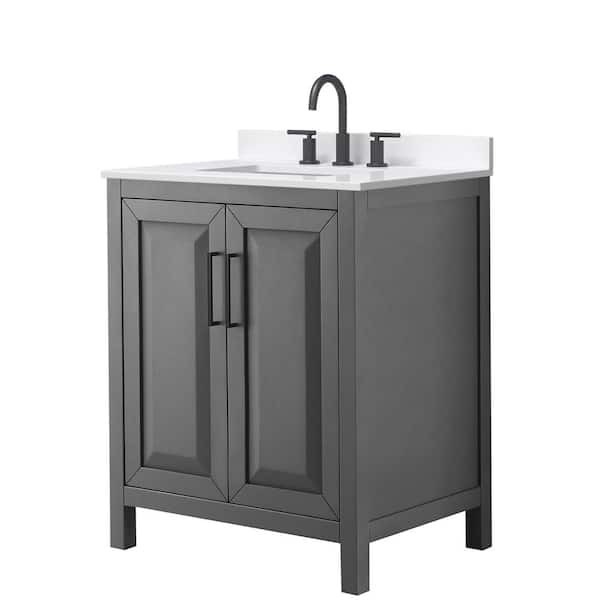 Wyndham Collection Daria 30 in. W x 22 in. D x 35.75 in. H Single Sink Bath Vanity in Dark Gray with Matte Black Trim White Quartz Top