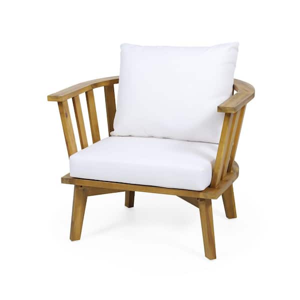 Brown Acacia Wood Outdoor Lounge Chair Patio Club Chair with Waterproof Thick White Cushion for Porch, Garden, Backyard