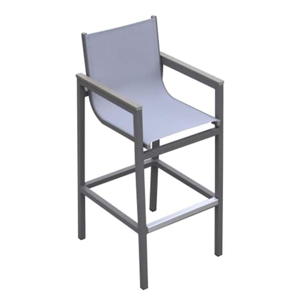 Aluminum Outdoor Bar Stool with Wood Arm Accents, Footrest, Textilene Sling Back, Water and UV Resistant in Gray