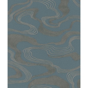 Kumano Collection Blue Abstract Flow Design Pearlescent Finish Non-Pasted Vinyl on Non-Woven Wallpaper Roll