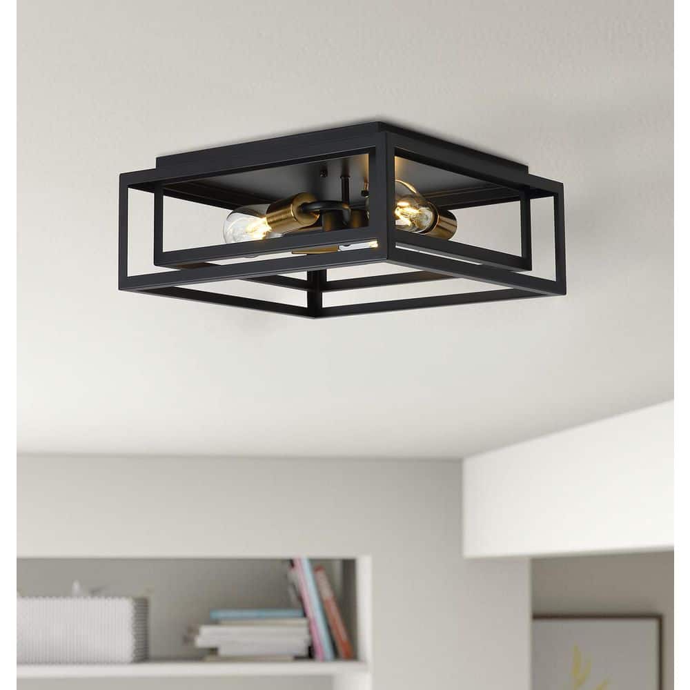 15.4 in. 3-Light Black Farmhouse Caged Square Flush Mount Industrial Vintag