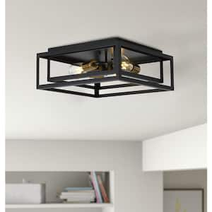 15.4 in. 3-Light Black Farmhouse Caged Square Flush Mount Industrial Vintage Ceiling Lighting