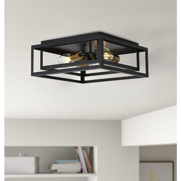 15.4 in. 3-Light Black Farmhouse Caged Square Flush Mount Industrial Vintage Ceiling Lighting