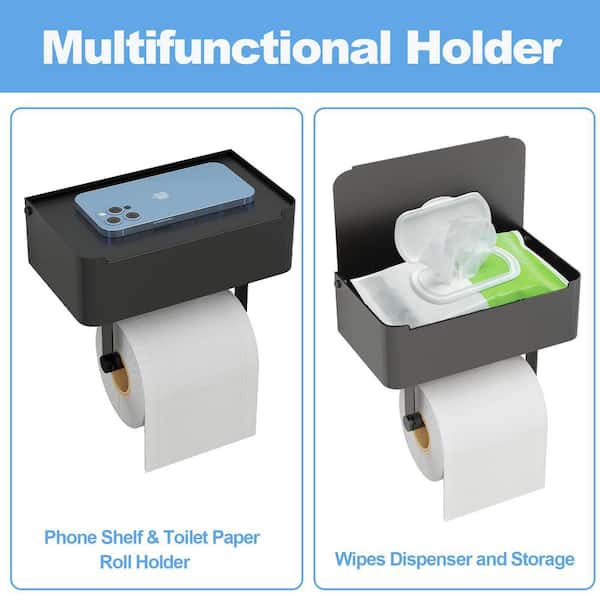 Numhew 8.1 in. Wall-Mount Toilet Paper Holder with Shelf in Black