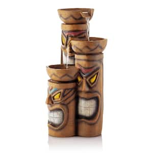29 in. Tall Outdoor Tiered Polynesian-Inspired Triple Tiki Fountain with LED Light