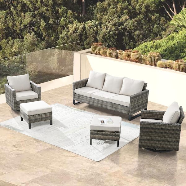 Gymojoy Valanta Gray 5-Piece Wicker Patio Convertsation Set with Beige Cushion
