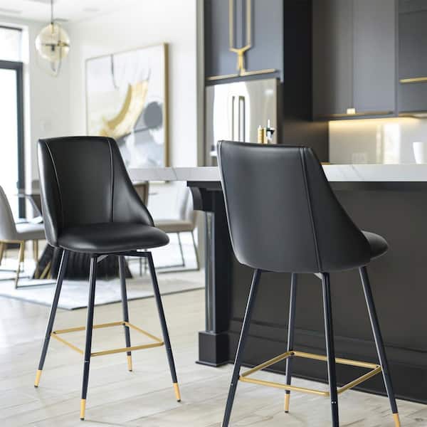 Homy Casa Smeg SW 26.8 in. Black PU Leather Swivel Counter Height Bar Stools with Metal Frame and Wood-Effect Legs (Set of 2)