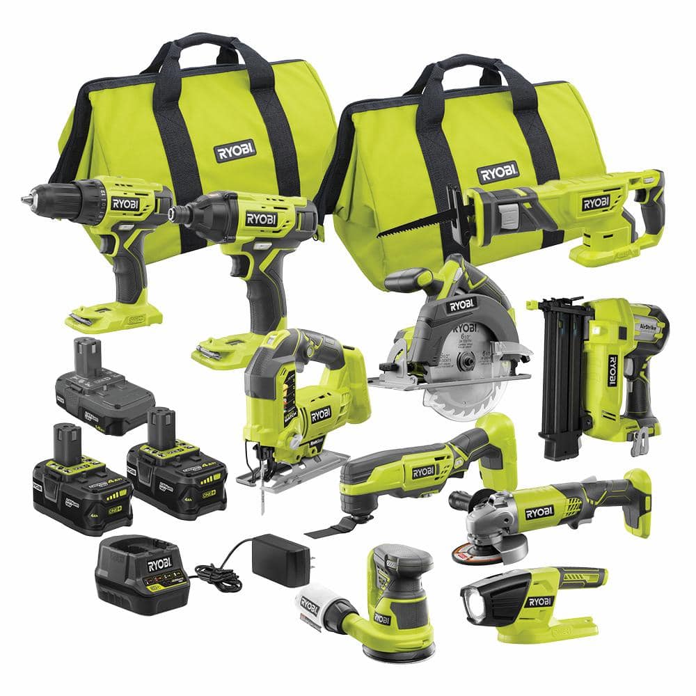 Ryobi One 18v Cordless 10 Tool Combo Kit With 3 Batteries And Charger Pck750kn The Home Depot