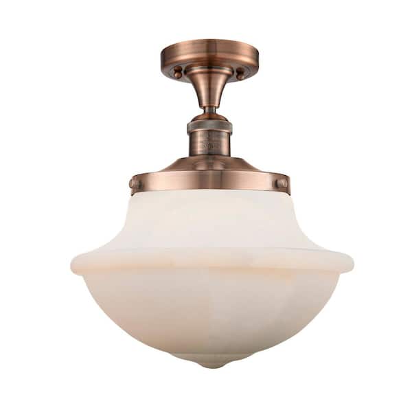 Oxford 11.75 in. 1-Light Antique Copper Traditional Semi-Flush Mount with Frosted Glass Shade