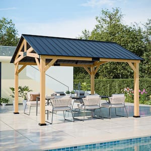11 ft. x 13 ft. Cedar Wood Patio Hardtop Gazebo Pavilion w/ Gable Roof Galvanized Top Weather-Resistant for Outdoor Deck