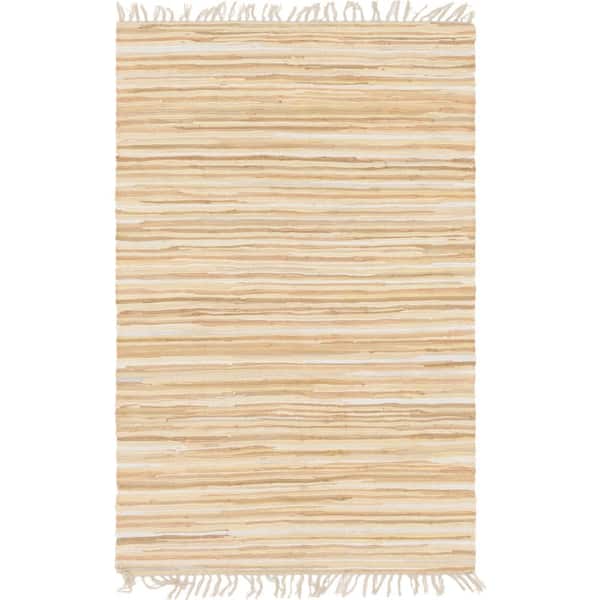 Unique Loom Chindi Cotton Striped Beige 4 ft. x 6 ft. Area Rug