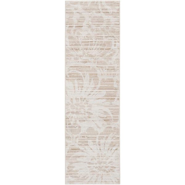 Nourison Iliana Ivory Grey with Gold Accents 2 ft. x 8 ft. Striated Contemporary Runner Area Rug