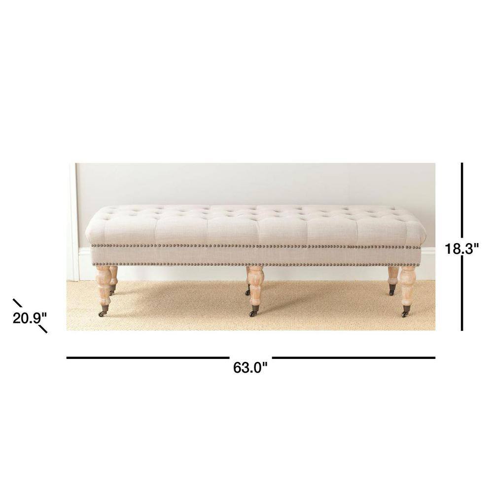 Taupe Linen-Poly Blend Bench with Turned Oak Legs