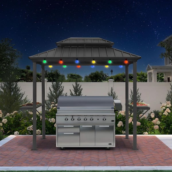 6 ft. x 8 ft. Hardtop Grill Gazebo for Patio Aluminum Barbecue Shelter Gazebo w/Hooks,Shelves Double Tiered 24-Lights