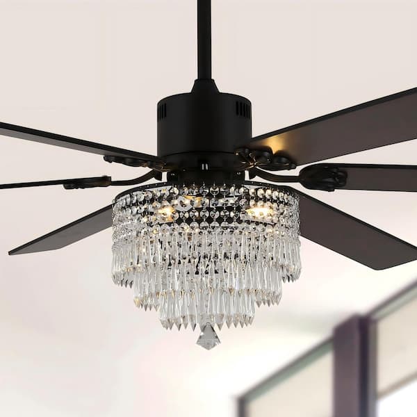 Vivace 65 in. Indoor Modern Glam Crystal Reversible Black Ceiling Fan with Lights, 6-Speed Quiet Ceiling Fan w/ Remote