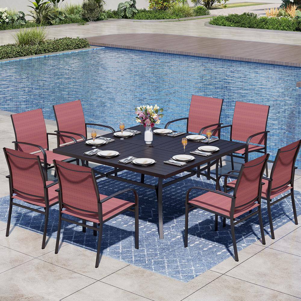 Black 9-Piece Metal Patio Outdoor Dining Set with Slat Square Table and Red Textilene Chairs price history on PriceWatchPro