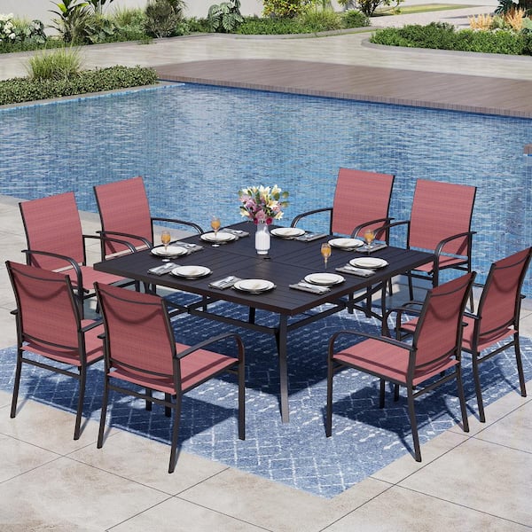 PHI VILLA Black 9-Piece Metal Patio Outdoor Dining Set with Slat Square Table and Red Textilene Chairs