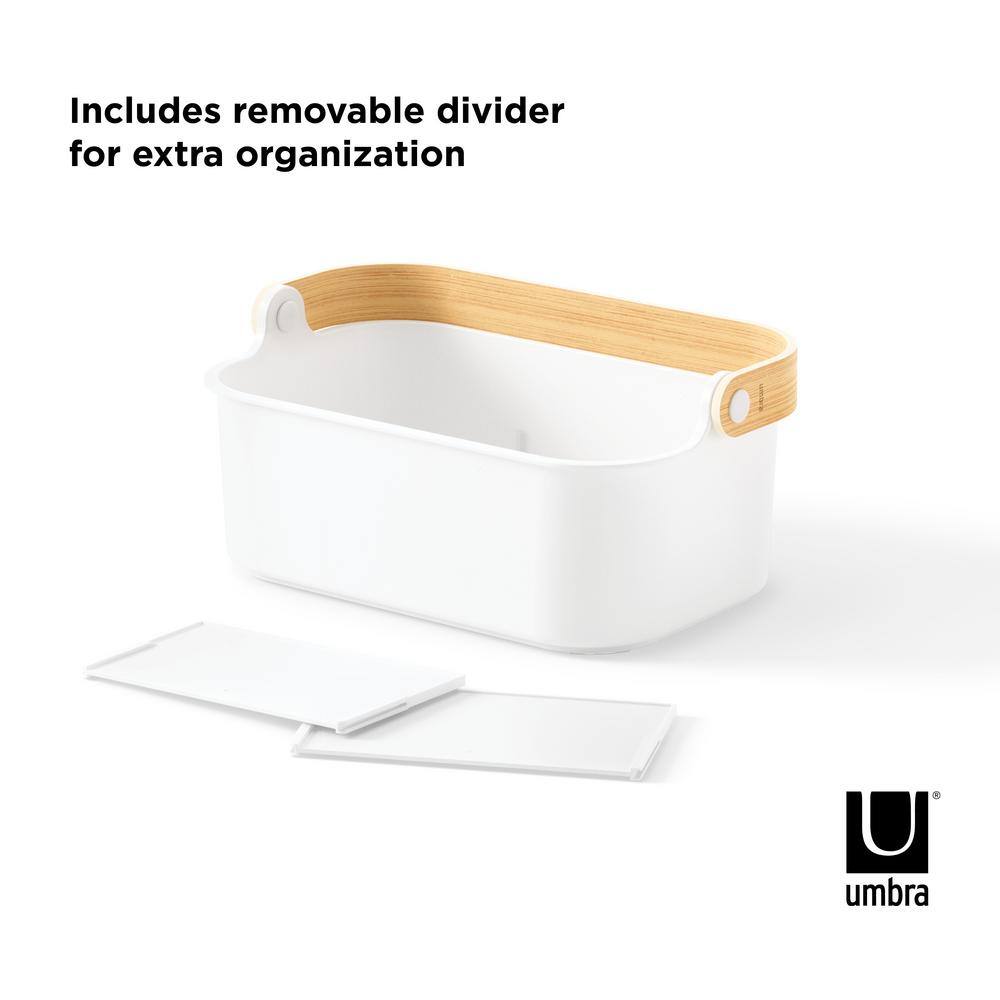 White and Natural Stackable Plastic Organizer Bin with Handle