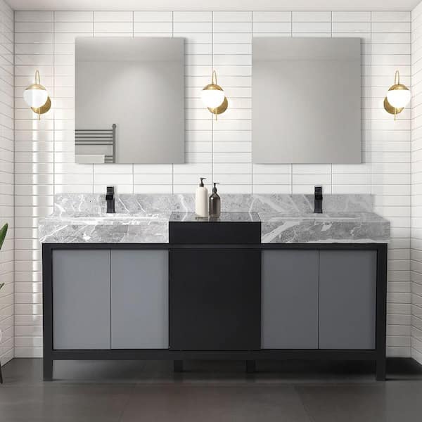Lexora Zilara 72 in W x 22 in D Black and Grey Double Bath Vanity, Castle Grey Marble Top and Matte Black Faucet Set