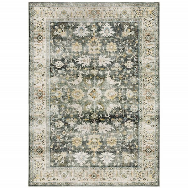 4' x 6' Grey Charcoal Gold Brown Ivory Pale Sage and Light Blue Oriental Printed Stain Resistant Non Skid Area Rug