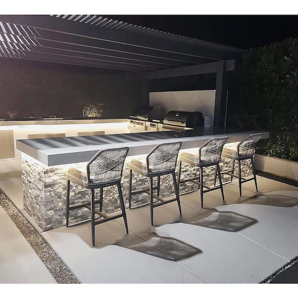 PURPLE LEAF Modern Aluminum Twill Wicker Woven Counter Height Outdoor Bar Stool with Back and Light Gray Cushion (4-Pack)