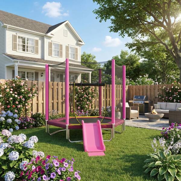 Nestfair 7 ft. Outdoor Pink Trampoline with Safety Enclosure Net