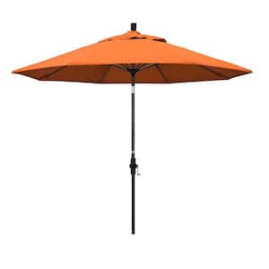 9 ft. Matted Black Aluminum Collar Tilt Crank Lift Market Patio Umbrella in Tangerine Sunbrella