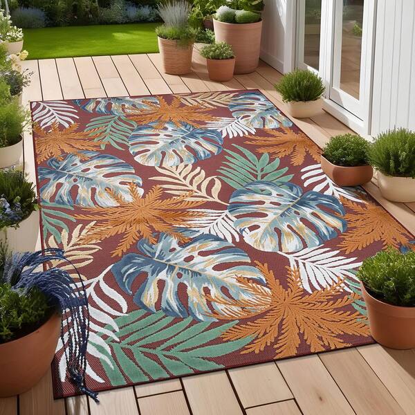 Jungle Red 9 ft. x 12 ft. Washable Tropical Floral Indoor Outdoor