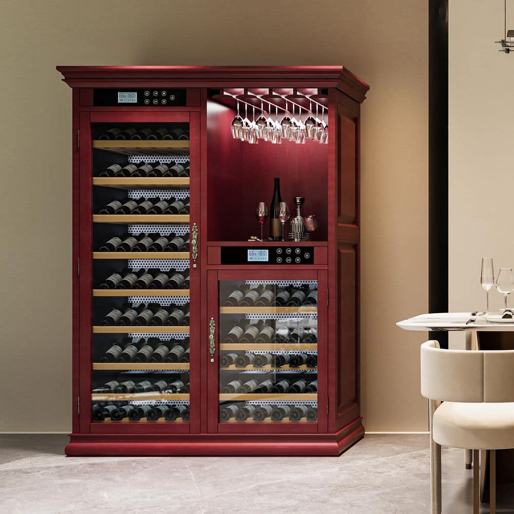 52.8 in. Dual Zone Wine Cooler Cabinet, Cherry Red Wood Freestanding Wine Cellar with Glass Rack and Digital Displays