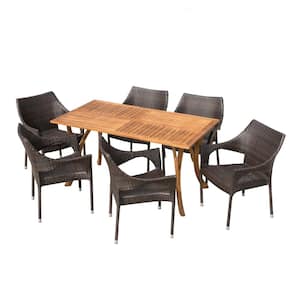 Noble 7-Piece Wood and Faux Rattan Outdoor Dining Set with Stacking Chairs