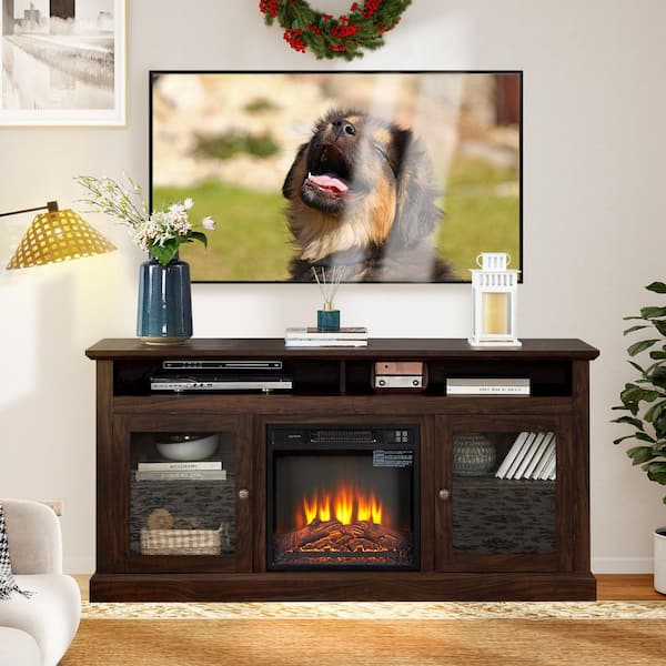 60 in. Freestanding TV Stand with 21.25 in. Fireplace Insert, Brown, Classic American Design, Open and Closed Storage